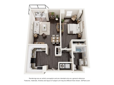 Floor plan for 1 bed, 1 bath, 872 sqft